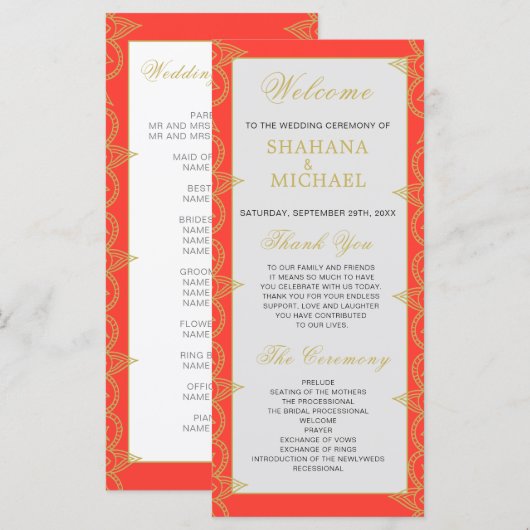 Orange Gold Pattern Wedding Program im indischen S Programm (Vorne/Hinten)