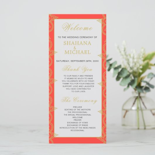 Orange Gold Pattern Wedding Program im indischen S Programm (Stehend Vorderseite)