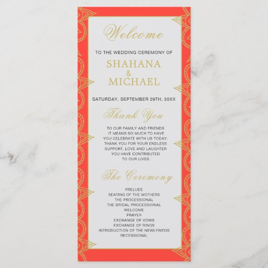 Orange Gold Pattern Wedding Program im indischen S Programm (Vorderseite)