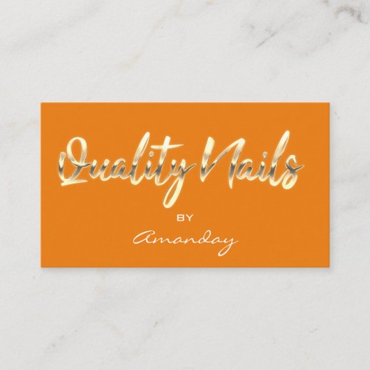 Orange Gold Quality Nails Script QR Logo Visitenkarte (Vorderseite)
