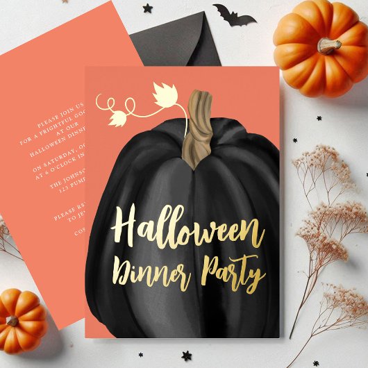 Orange Gold Script Pumpkin Halloween Dinner Party Folieneinladung