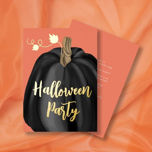 Orange Gold Script Pumpkin Halloween-Party Folieneinladung