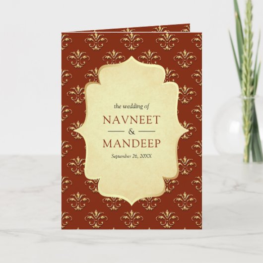 Orange Gold Verziert Anand Karaj Sikh Wedding Einladung (Vorderseite)