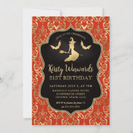 Orange Gold Witch and Bats Damask 21. Geburtstag Einladung