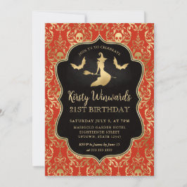 Orange Gold Witch and Skulls Damask 21. Geburtstag Einladung