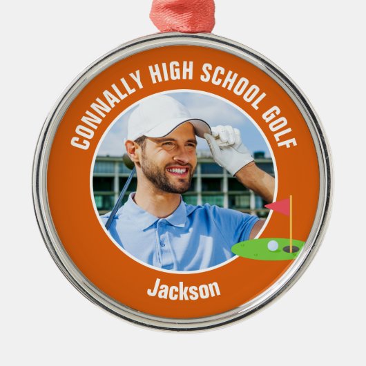 Orange Golfer Photo Custom Golf Team Christmas Ornament Aus Metall (Vorne)
