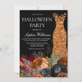 Orange Gown & Floral Fall Halloween-Party Einladung (Vorderseite)