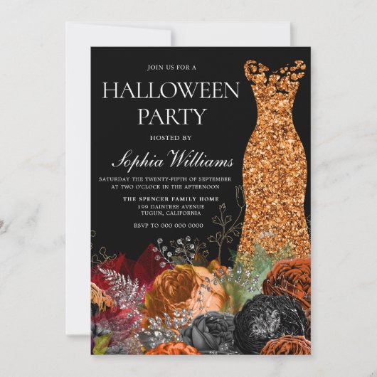 Orange Gown & Floral Fall Halloween-Party Einladung (Vorderseite)