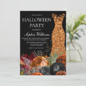 Orange Gown & Floral Fall Halloween-Party Einladung (Stehend Vorderseite)