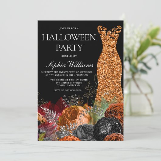 Orange Gown & Floral Fall Halloween-Party Einladung (Stehend Vorderseite)