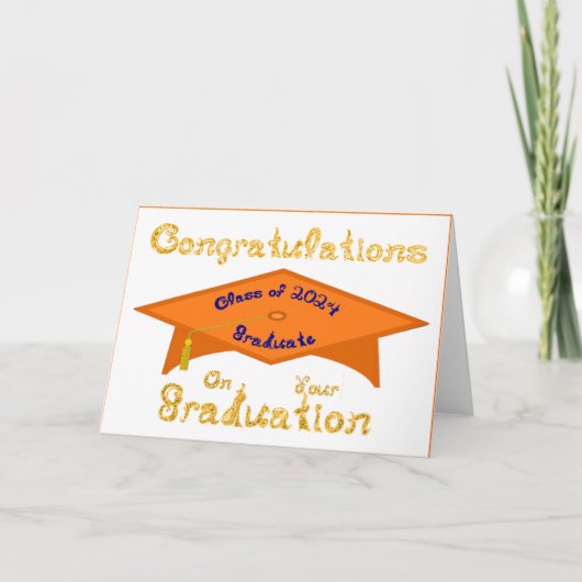 Orange Grad Cap Gold Blue Graduate Class 2024 Hat Karte (Vorderseite)