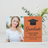 Orange Graduate Foto Black Script Abschluss Ankündigung (Stehend Vorderseite)