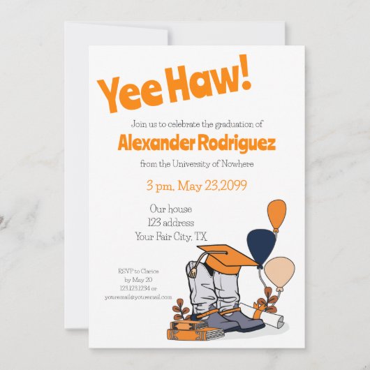 Orange Graduation Cap Cowboy Boot Arrangement Einladung (Vorderseite)