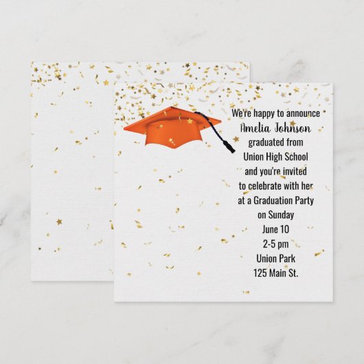 Orange Graduation Cap mit Gold Confetti Einladung (Vorne/Hinten)