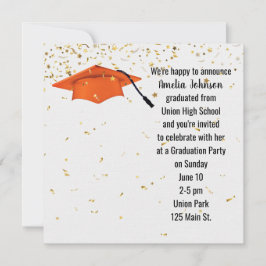 Orange Graduation Cap mit Gold Confetti Einladung