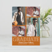 Orange Graduierungsparty mit mehreren Fotos Einladung (Stehend Vorderseite)
