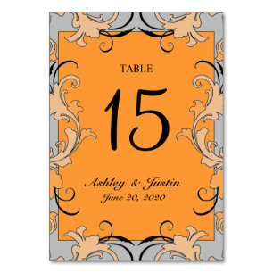 Orange Gray Black Wirbel Wedding Tischnummer Card