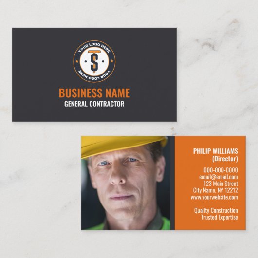 Orange Gray Business Logo Contractors Visitenkarte (Vorne/Hinten)