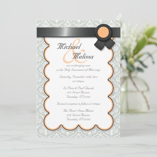 Orange & Gray Damask Hochzeitseinladungen Einladung (Stehend Vorderseite)