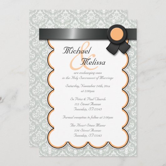 Orange & Gray Damask Hochzeitseinladungen Einladung (Vorne/Hinten)