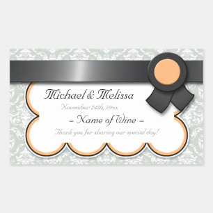 Orange & Gray Damask Hochzeitsweinflaschen Rechteckiger Aufkleber