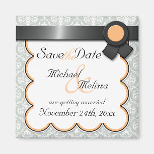 Orange & Gray Damask Speichern Sie den Datumsberei Magnet