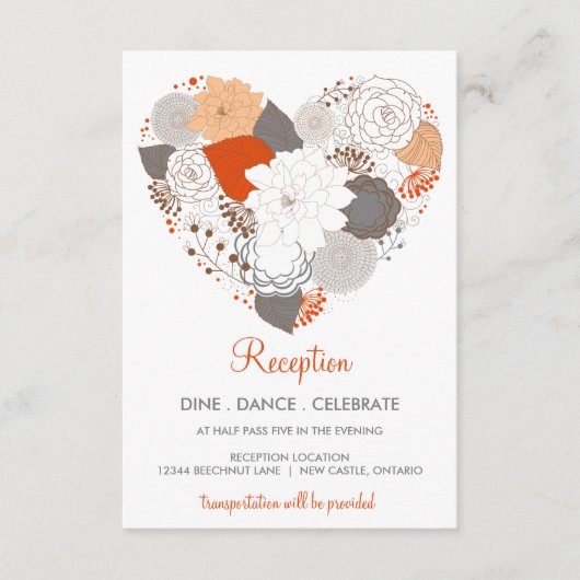 Orange Gray Heart Blume Hochzeitsticket Begleitkarte (Vorderseite)