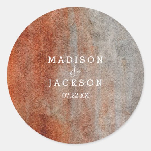 Orange Gray Watercolor Monogram Wedding Runder Aufkleber (Vorderseite)