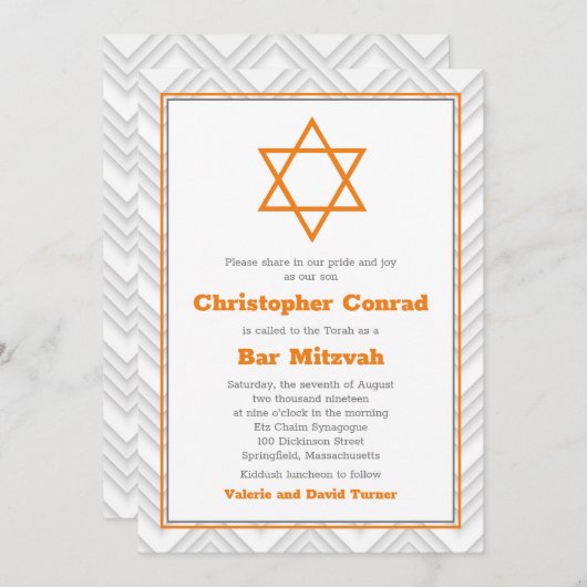Orange Gray White Traditional Bar Mitzvah Einladung (Vorne/Hinten)