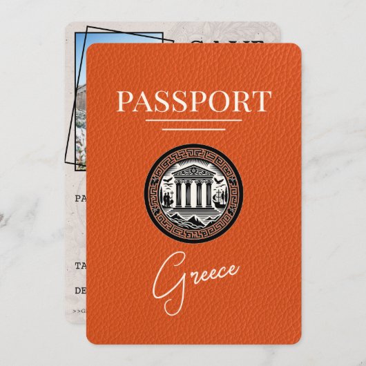 Orange Greece Passport Save the Date Card (Vorne/Hinten)