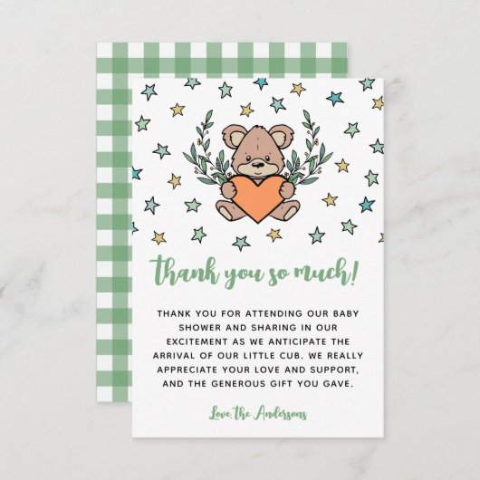 Orange Green Bear Themed Baby Dusche Vielen Dank Dankeskarte (Vorne/Hinten)