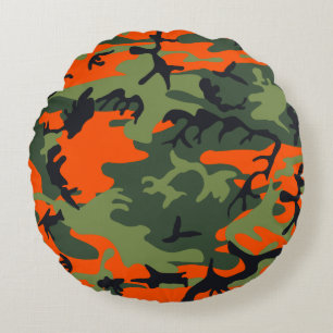 Orange, Green, Black Camouflage Camouflage Rundes Kissen