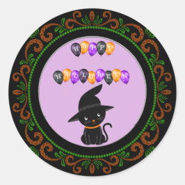 Orange Green Black Cat Happy Halloween Balloons Runder Aufkleber