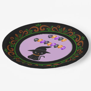 Orange Green Black Cat Witch Hat Happy Halloween Pappteller