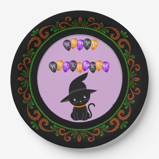 Orange Green Black Cat Witch Hat Happy Halloween Pappteller (Vorderseite)