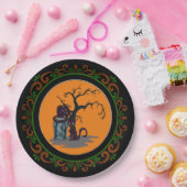 Orange Green Black Cats Grabstein Tree Halloween Pappteller (Party)