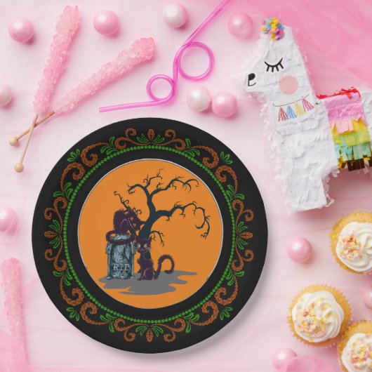 Orange Green Black Cats Grabstein Tree Halloween Pappteller (Party)