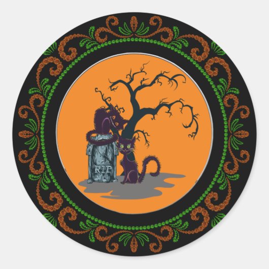 Orange Green Black Cats Grabstein Tree Halloween Runder Aufkleber (Vorderseite)