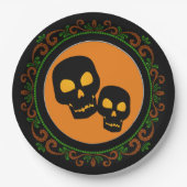 Orange Green Black Skulls Halloween Pappteller (Vorderseite)