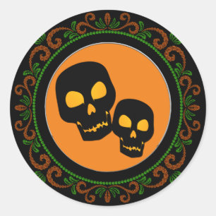 Orange Green Black Skulls Halloween Runder Aufkleber