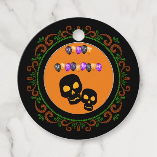 Orange Green Black Skulls Happy Halloween Balloons Geschenkanhänger (Vorderseite)