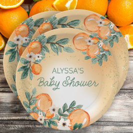 Orange Green Blätter Citrus Baby Shower Pappteller
