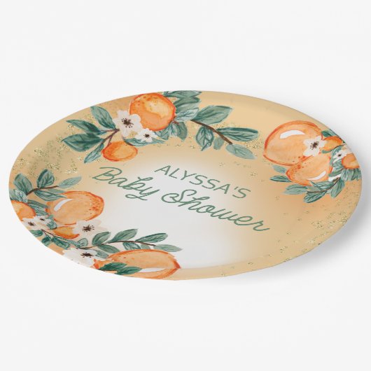 Orange Green Blätter Citrus Baby Shower Pappteller (Schrägansicht)