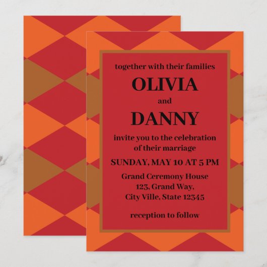 Orange Green Checkered Diamond Pattern Hochzeit Einladung (Vorne/Hinten)