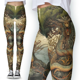 Orange Green Chinese Nature Tree Dragon Tattoo Leggings