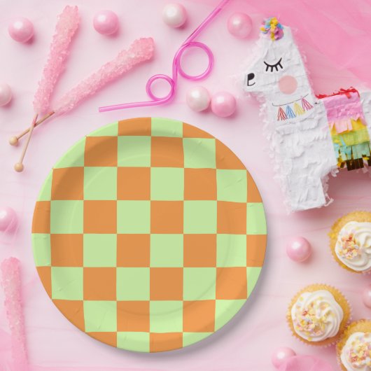 Orange Green Citrus Checkered Gingham Pattern Pappteller (Party)