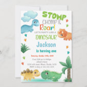 Orange Green Dinosaurier Geburtstagseinladungen Einladung (Vorderseite)