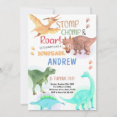 Orange Green Dinosaurier Geburtstagseinladungen Einladung (Vorderseite)