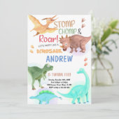 Orange Green Dinosaurier Geburtstagseinladungen Einladung (Stehend Vorderseite)