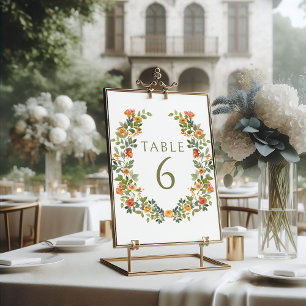 Orange Green Floral Wreath Wedding Tischnummern